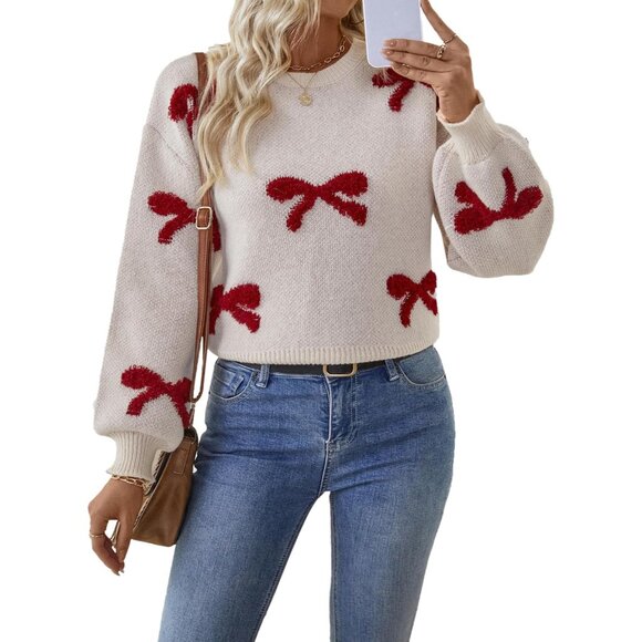 Sweaters - Women's Ribbed Knit Crewneck Sweater Fluffy Bow Valentines Casual Spring
